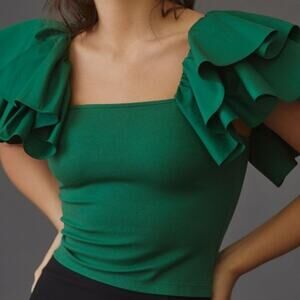 Anthropologie Sunday in Brooklyn Top S Green Square-Neck Flutter Sleeve Crop Cut